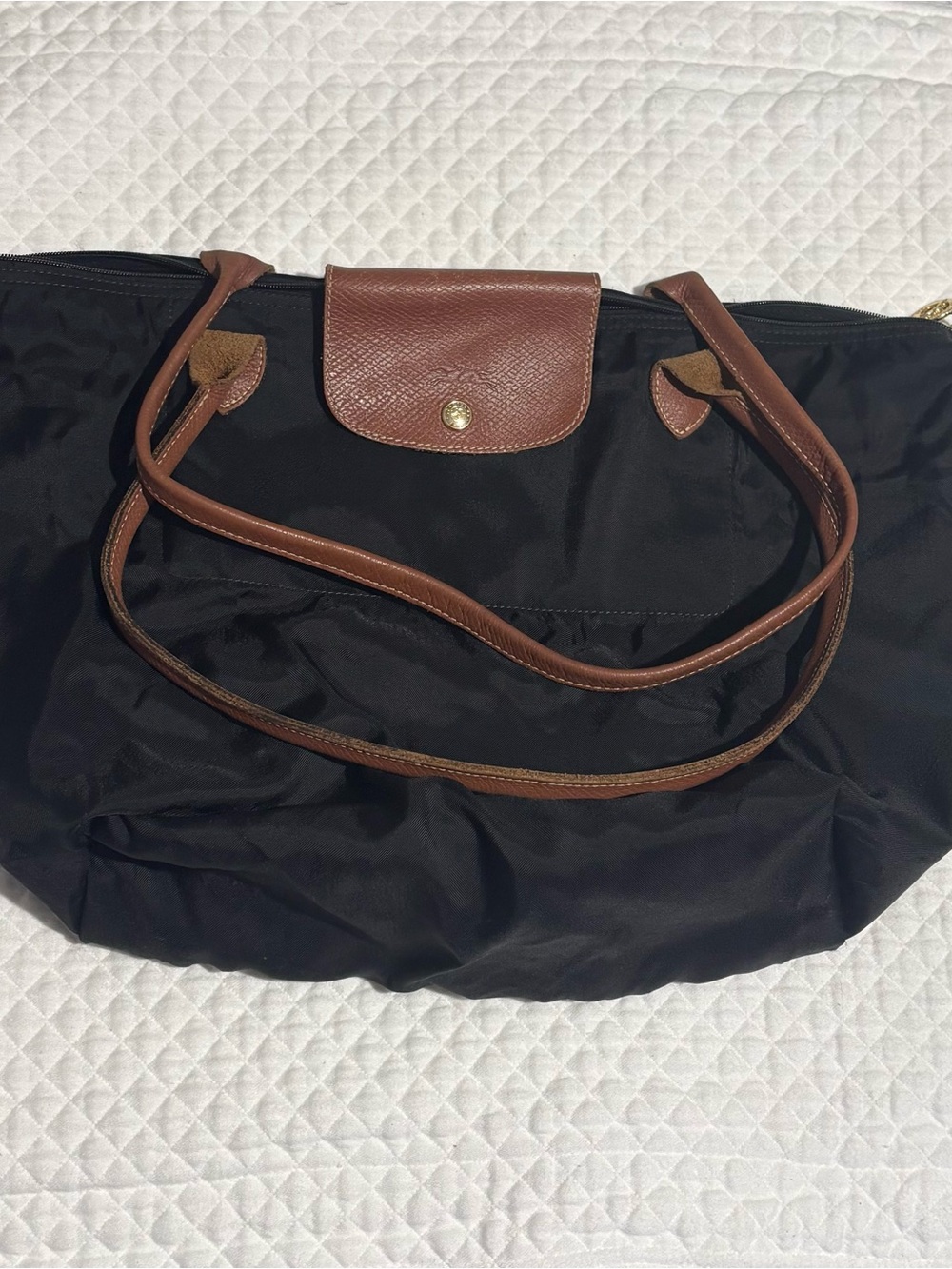 Longchamp Paris Black Nylon Tote with Brown Leather Trim
